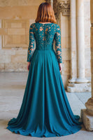 Laden Sie das Bild in den Galerie-Viewer, Pfauenblau Rundhalsausschnitt Chiffon A-Linie Lange Brautmutterkleid mit Spitze
