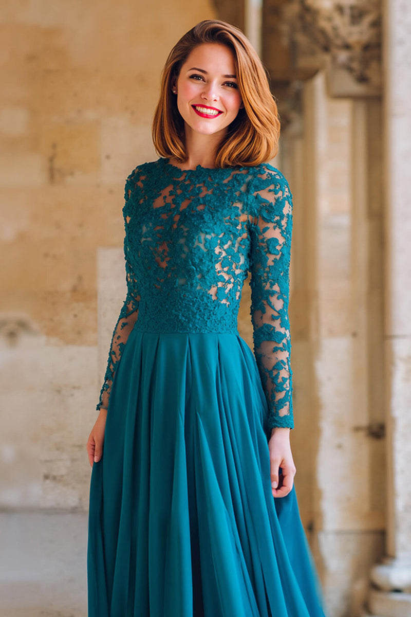 Laden Sie das Bild in den Galerie-Viewer, Pfauenblau Rundhalsausschnitt Chiffon A-Linie Lange Brautmutterkleid mit Spitze
