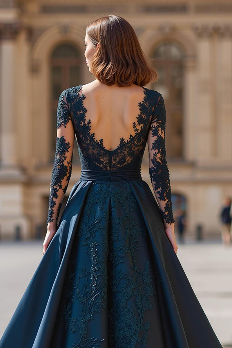 Laden Sie das Bild in den Galerie-Viewer, Marineblau V-Ausschnitt Lange Ärmel A-Linie Maxi Brautmutterkleid mit Spitze