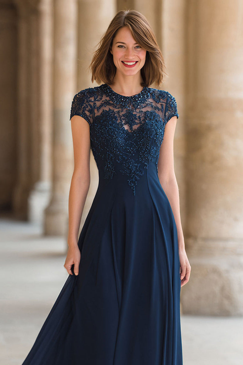 Laden Sie das Bild in den Galerie-Viewer, Marineblau Chiffon Rundhalsausschnitt A-Line Lange Brautmutterkleid mit Spitze