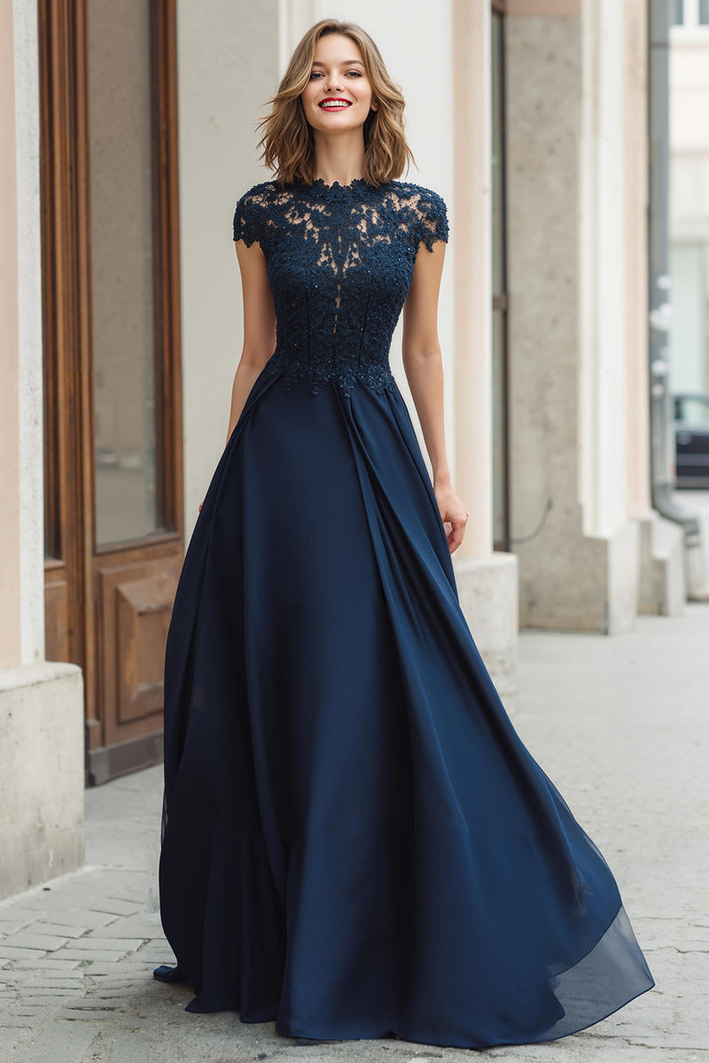 Laden Sie das Bild in den Galerie-Viewer, Marineblau Rundhalsausschnitt A-Linie Chiffon Lange Brautmutterkleid mit Spitze