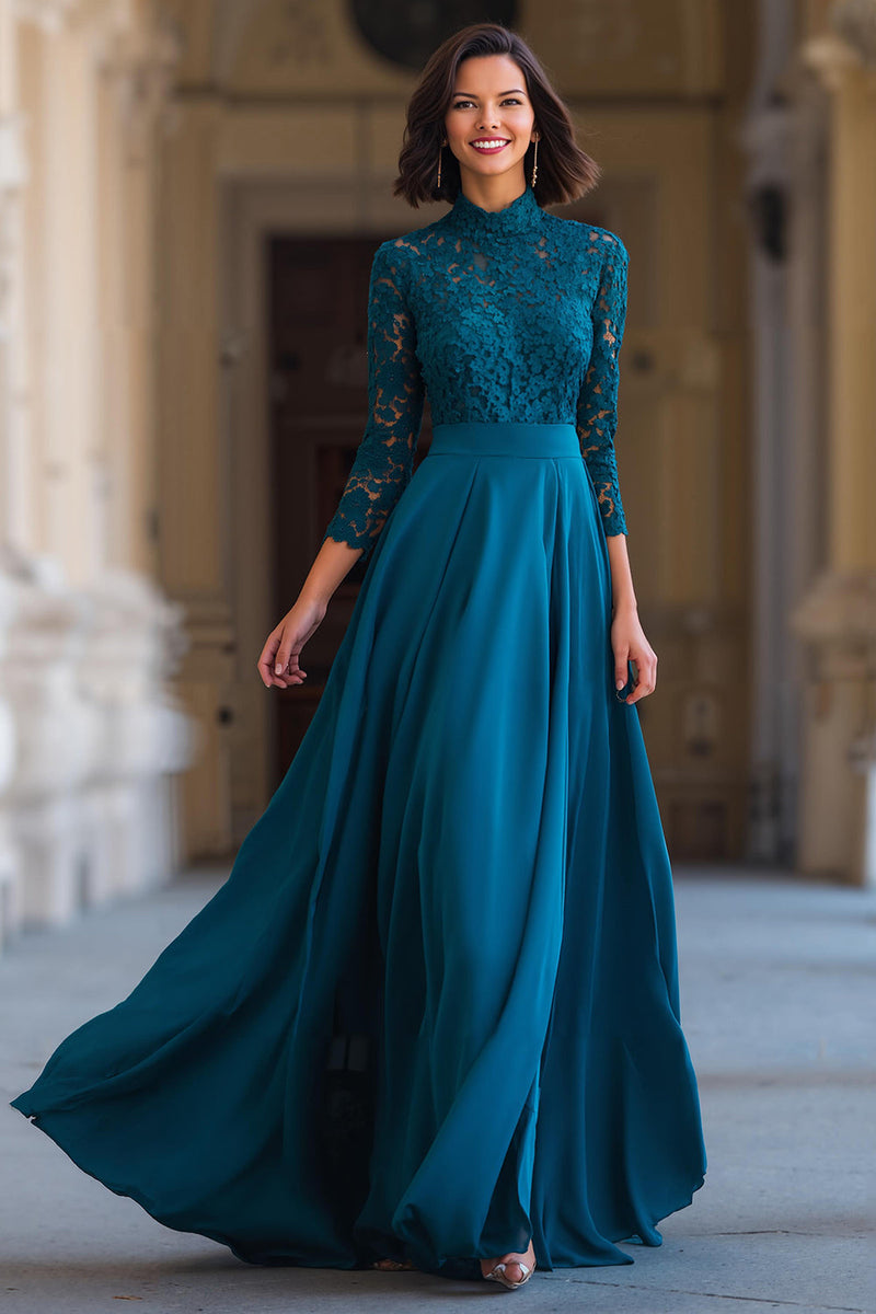 Laden Sie das Bild in den Galerie-Viewer, Pfauenblau Hoher Ausschnitt Chiffon A-Linie Lange Brautmutterkleid mit Spitze