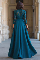 Laden Sie das Bild in den Galerie-Viewer, Pfauenblau Hoher Ausschnitt Chiffon A-Linie Lange Brautmutterkleid mit Spitze