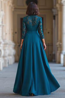 Pfauenblau Hoher Ausschnitt Chiffon A-Linie Lange Brautmutterkleid mit Spitze