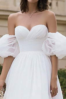Elfenbein A-Linie Organza Schulterfreie Midi Hochzeitskleid