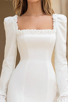 Elfenbein Satin Quadratischer Ausschnitt Bodycon Kurze Verlobungsfeier Kleid mit Ärmel