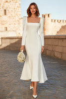 Laden Sie das Bild in den Galerie-Viewer, Elfenbein Meerjungfrau Quadratischer Ausschnitt Teelänge Verlobung Kleid mit Ärmel