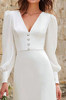 Laden Sie das Bild in den Galerie-Viewer, Elfenbein V-Ausschnitt Lange Ärmel A-Linie Maxi Verlobung Kleid mit Schlitz