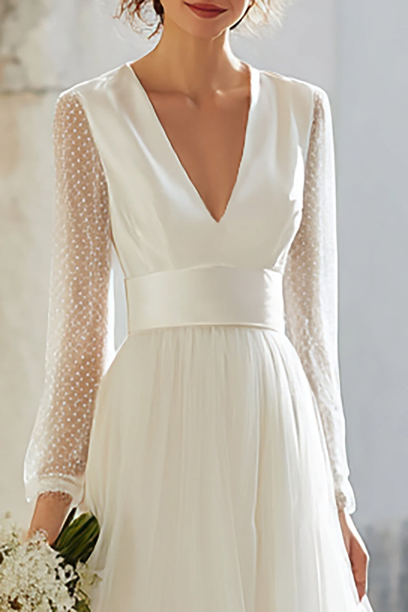 Laden Sie das Bild in den Galerie-Viewer, Elfenbein Tüll V-Ausschnitt A-Linie Bodenlänge Junggesellinnenabschied Kleid mit Ärmel