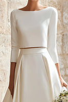 Laden Sie das Bild in den Galerie-Viewer, Elfenbein Satin 2-teiliges Set A-Linie Lange Braut Kleid mit Ärmel