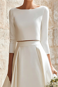 Elfenbein Satin 2-teiliges Set A-Linie Lange Braut Kleid mit Ärmel