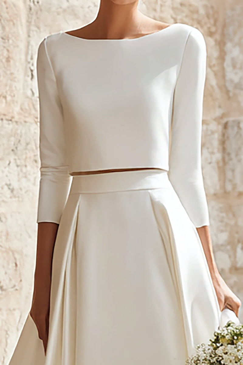 Laden Sie das Bild in den Galerie-Viewer, Elfenbein Satin 2-teiliges Set A-Linie Lange Braut Kleid mit Ärmel