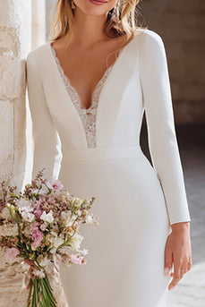 Elfenbein V-Ausschnitt Meerjungfrau Lange Ärmel Kurze Schleppe Verlobungsfeier Kleid mit Spitze