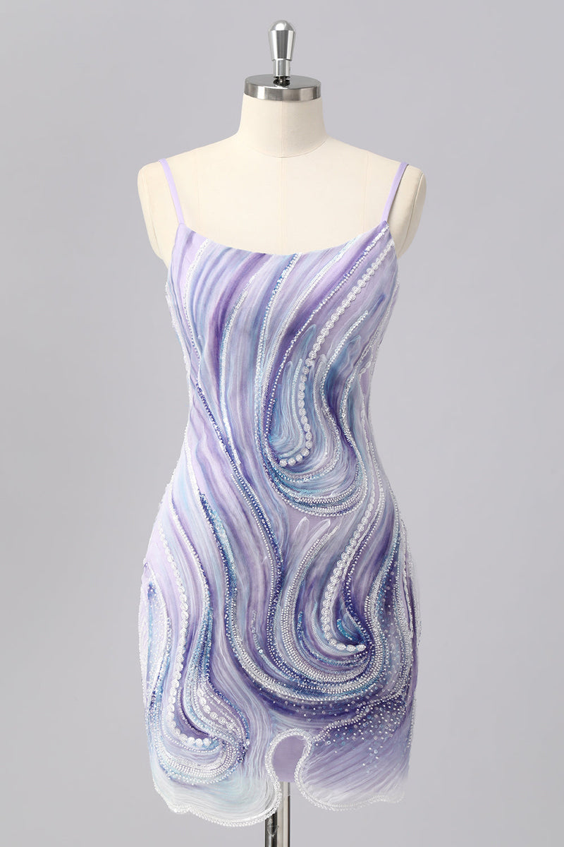 Laden Sie das Bild in den Galerie-Viewer, Glitzer Lilac Spaghettiträger Enge Kurze Ball Kleid mit Perlen