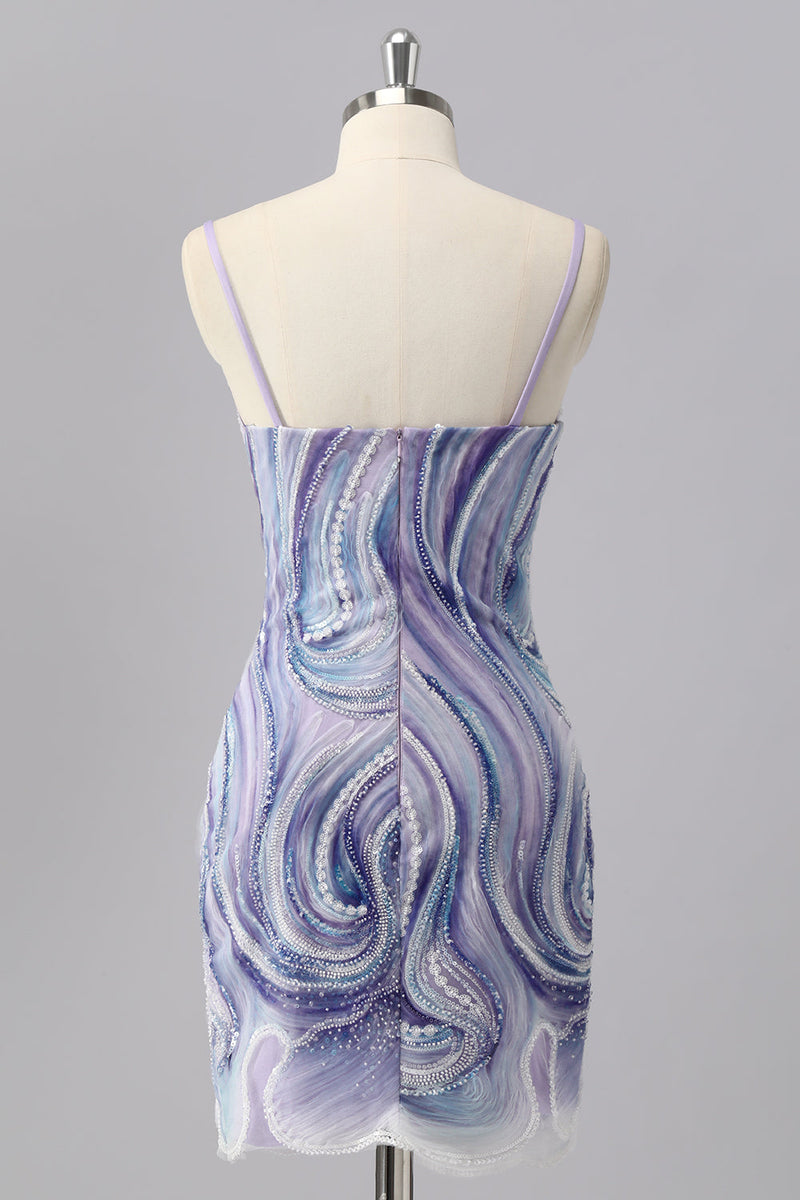 Laden Sie das Bild in den Galerie-Viewer, Glitzer Lilac Spaghettiträger Enge Kurze Ball Kleid mit Perlen