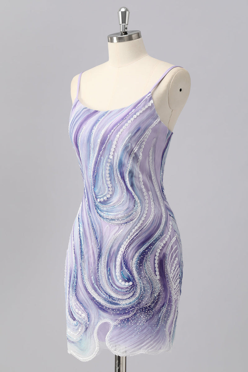 Laden Sie das Bild in den Galerie-Viewer, Glitzer Lilac Spaghettiträger Enge Kurze Ball Kleid mit Perlen