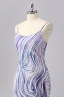Laden Sie das Bild in den Galerie-Viewer, Glitzer Lilac Spaghettiträger Enge Kurze Ball Kleid mit Perlen