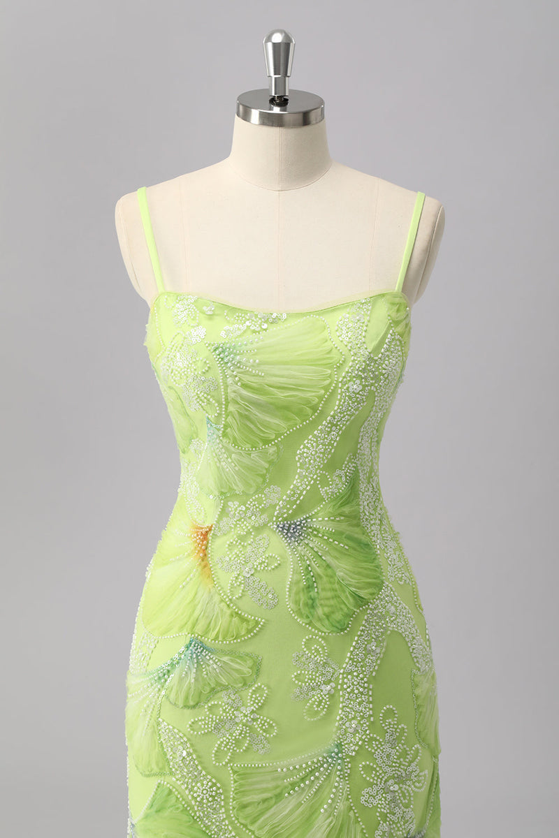 Laden Sie das Bild in den Galerie-Viewer, Glitzer Grün Etui Perlen Lange Ball Kleid mit Schlitz