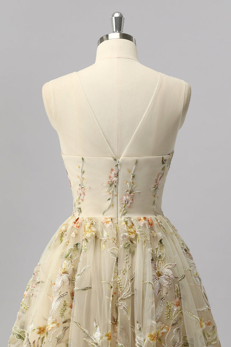 Laden Sie das Bild in den Galerie-Viewer, Glitzer Apricot Blumen A Linie Kurze Ball Kleid mit Perlen