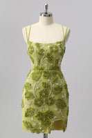 Laden Sie das Bild in den Galerie-Viewer, Glitzer Grün Cut Out Blumen Enge Kurze Ball Kleid mit Perlen
