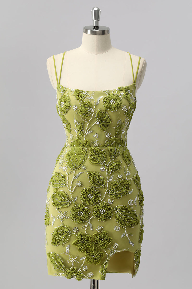 Laden Sie das Bild in den Galerie-Viewer, Glitzer Grün Cut Out Blumen Enge Kurze Ball Kleid mit Perlen