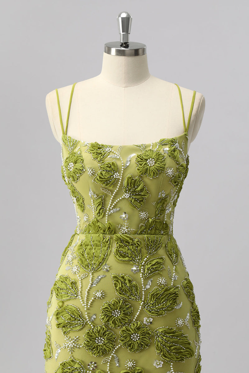 Laden Sie das Bild in den Galerie-Viewer, Glitzer Grün Cut Out Blumen Enge Kurze Ball Kleid mit Perlen