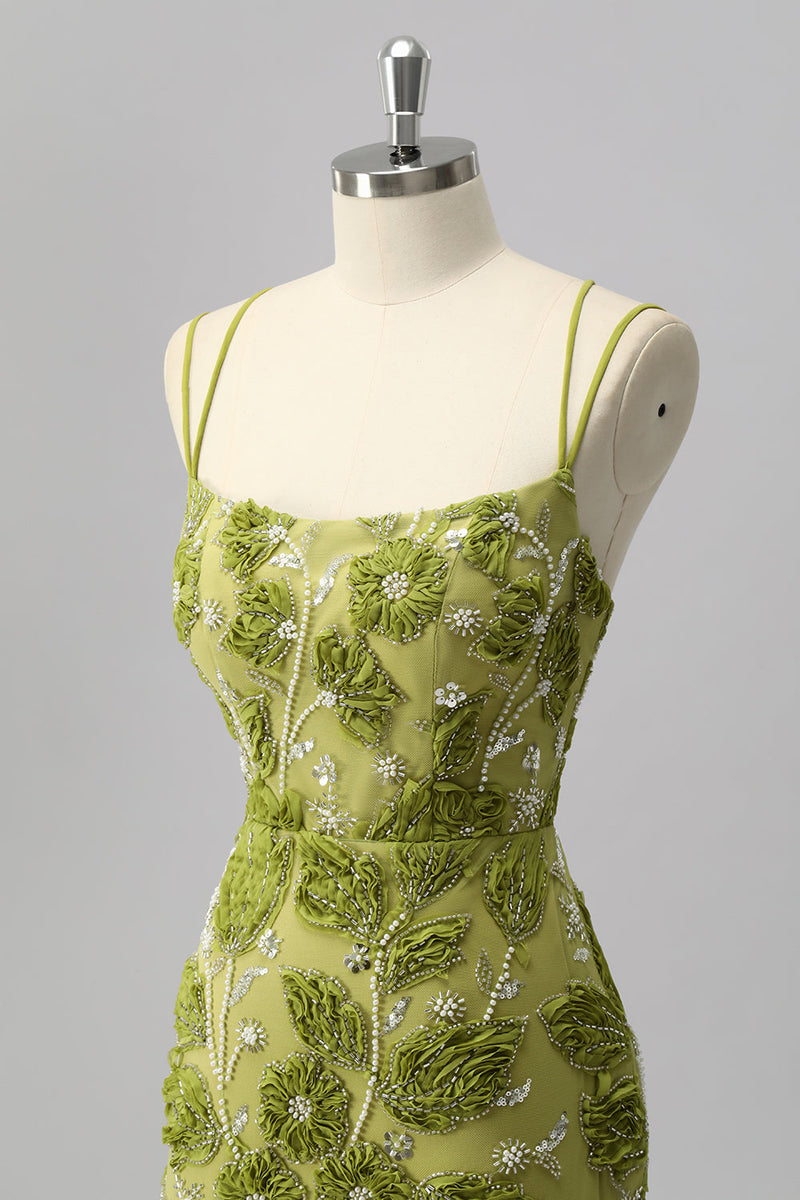 Laden Sie das Bild in den Galerie-Viewer, Glitzer Grün Cut Out Blumen Enge Kurze Ball Kleid mit Perlen