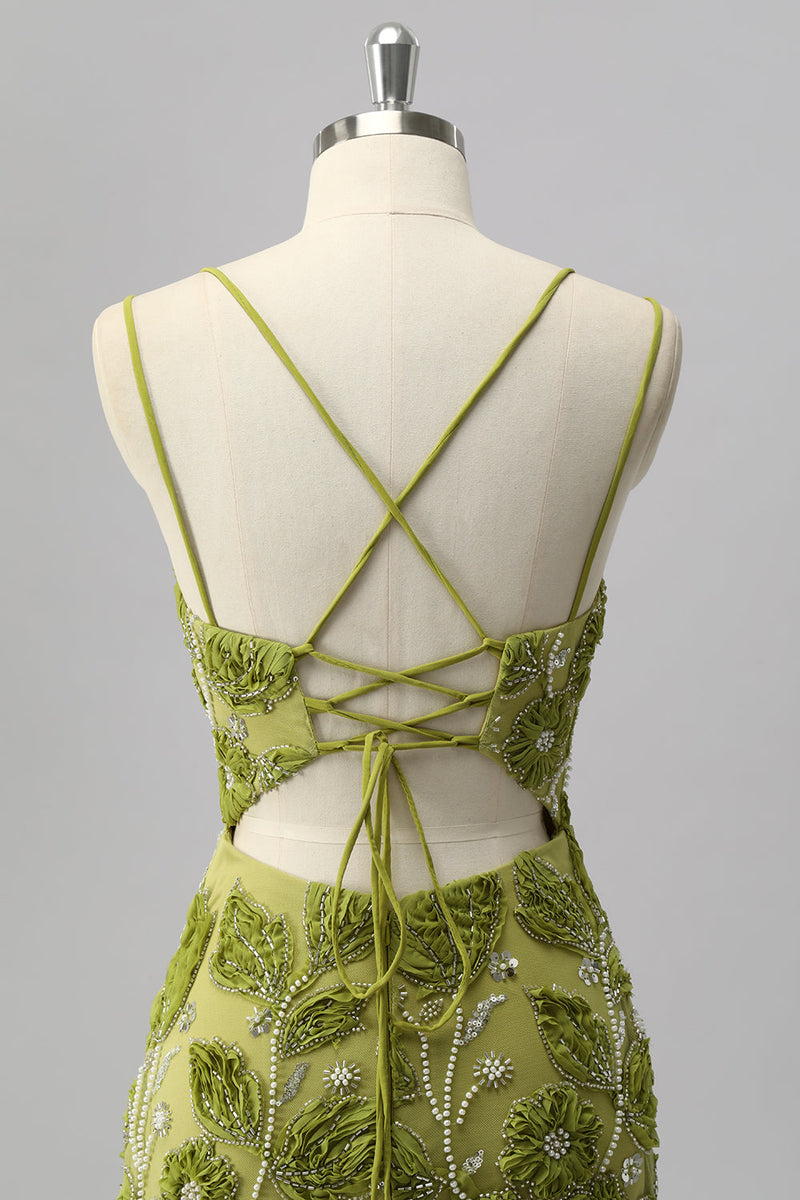 Laden Sie das Bild in den Galerie-Viewer, Glitzer Grün Cut Out Blumen Enge Kurze Ball Kleid mit Perlen