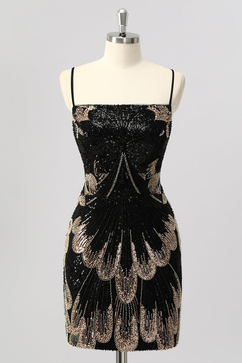 Laden Sie das Bild in den Galerie-Viewer, Glitzer Schwarz Perlen Enge Rückenfreie Kurze Ball Kleid
