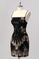 Laden Sie das Bild in den Galerie-Viewer, Glitzer Schwarz Perlen Enge Rückenfreie Kurze Ball Kleid