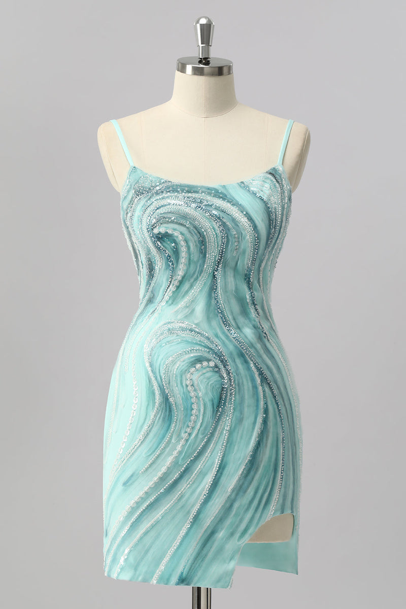 Laden Sie das Bild in den Galerie-Viewer, Glitzer Grün Perlen Enge Kurze Ball Kleid mit Schlitz