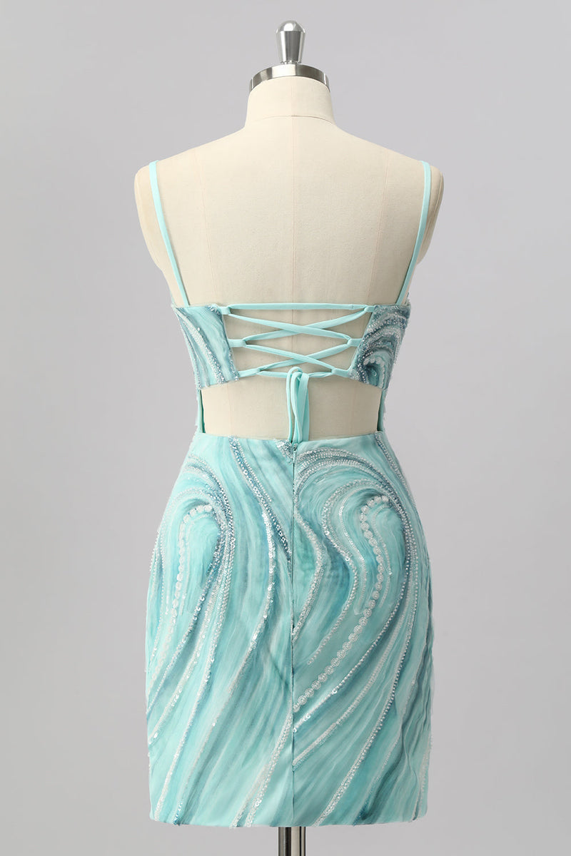 Laden Sie das Bild in den Galerie-Viewer, Glitzer Grün Perlen Enge Kurze Ball Kleid mit Schlitz