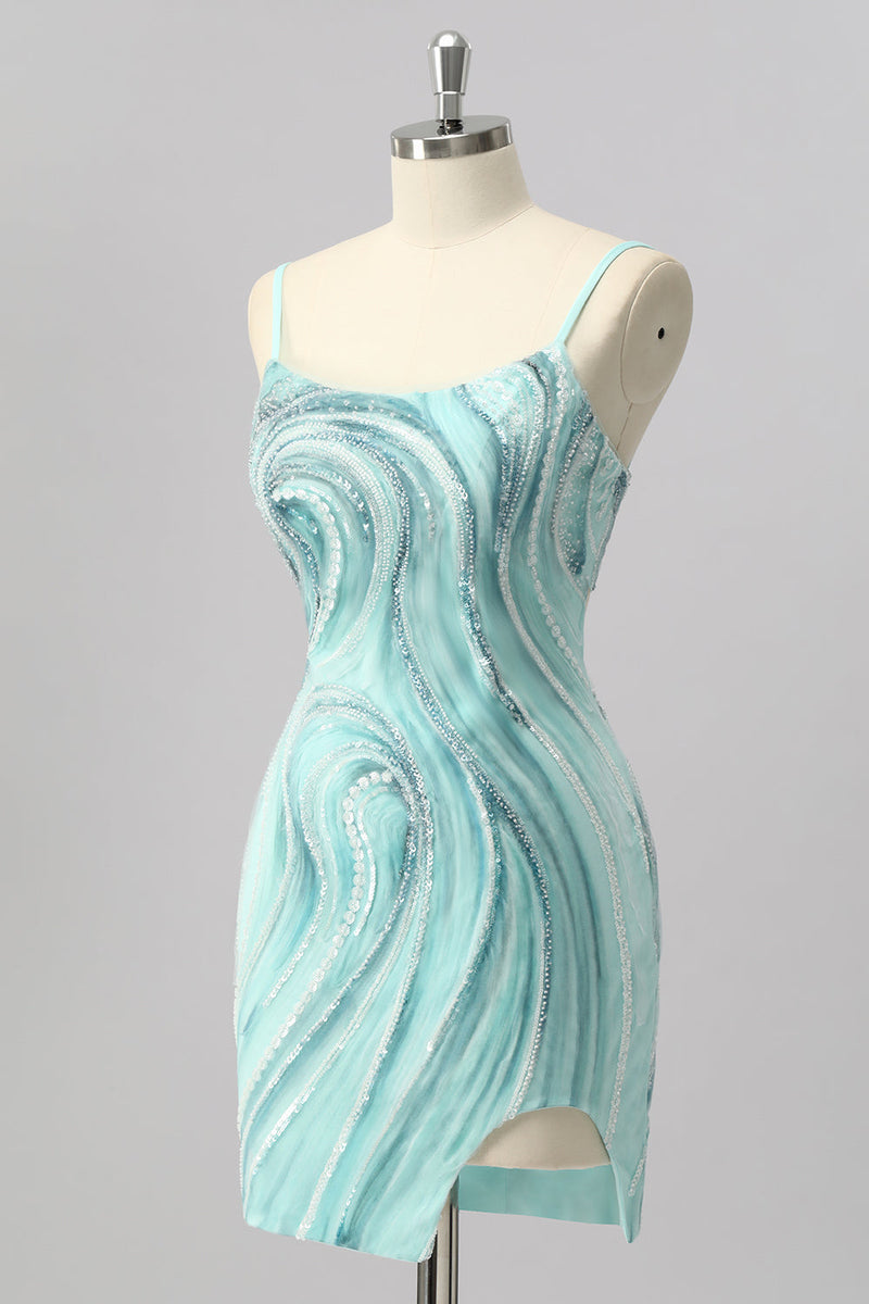 Laden Sie das Bild in den Galerie-Viewer, Glitzer Grün Perlen Enge Kurze Ball Kleid mit Schlitz