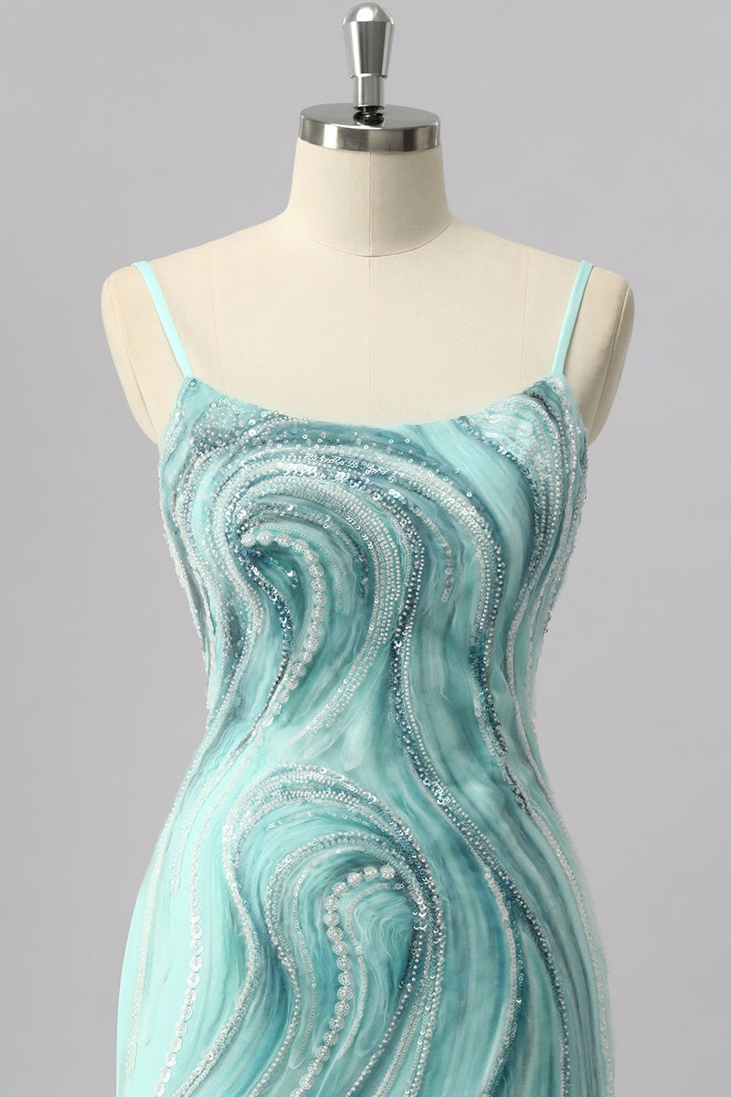 Laden Sie das Bild in den Galerie-Viewer, Glitzer Grün Perlen Enge Kurze Ball Kleid mit Schlitz