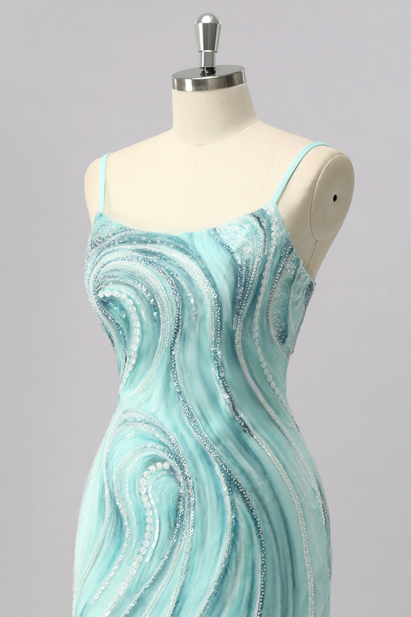 Laden Sie das Bild in den Galerie-Viewer, Glitzer Grün Perlen Enge Kurze Ball Kleid mit Schlitz