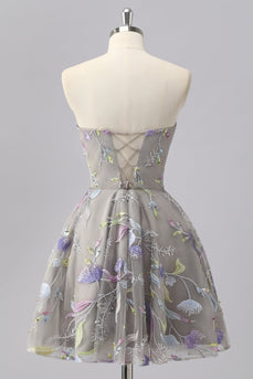 Glitzer Grau Herz-Ausschnitt Blumen Kurze Ball Kleid mit Perlen