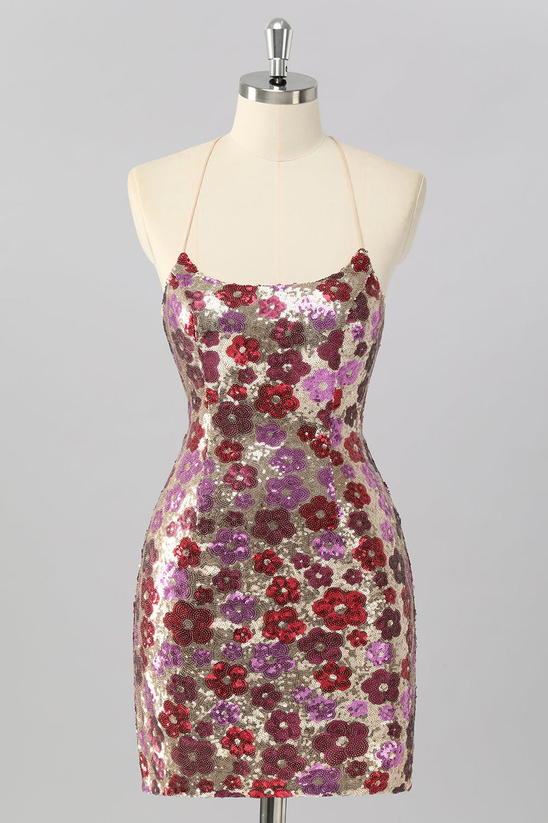 Laden Sie das Bild in den Galerie-Viewer, Glitzer Rot Blumen Pailletten Enge Rückenfreie Kurze Ball Kleid