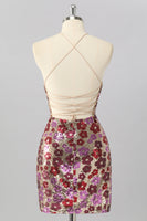 Laden Sie das Bild in den Galerie-Viewer, Glitzer Rot Blumen Pailletten Enge Rückenfreie Kurze Ball Kleid