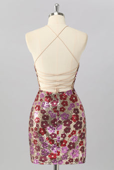 Glitzer Rot Blumen Pailletten Enge Rückenfreie Kurze Ball Kleid