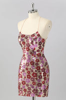 Laden Sie das Bild in den Galerie-Viewer, Glitzer Rot Blumen Pailletten Enge Rückenfreie Kurze Ball Kleid