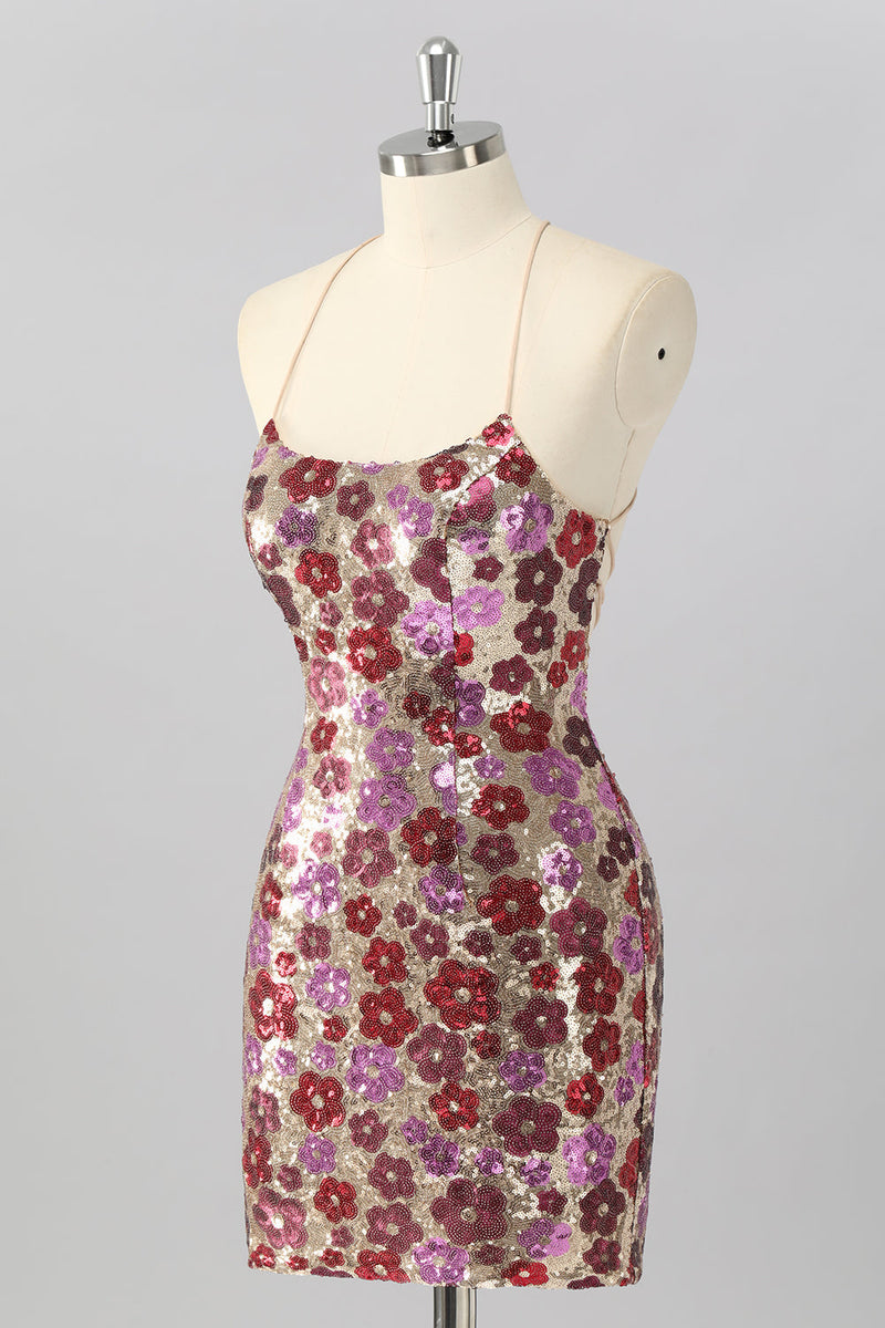 Laden Sie das Bild in den Galerie-Viewer, Glitzer Rot Blumen Pailletten Enge Rückenfreie Kurze Ball Kleid