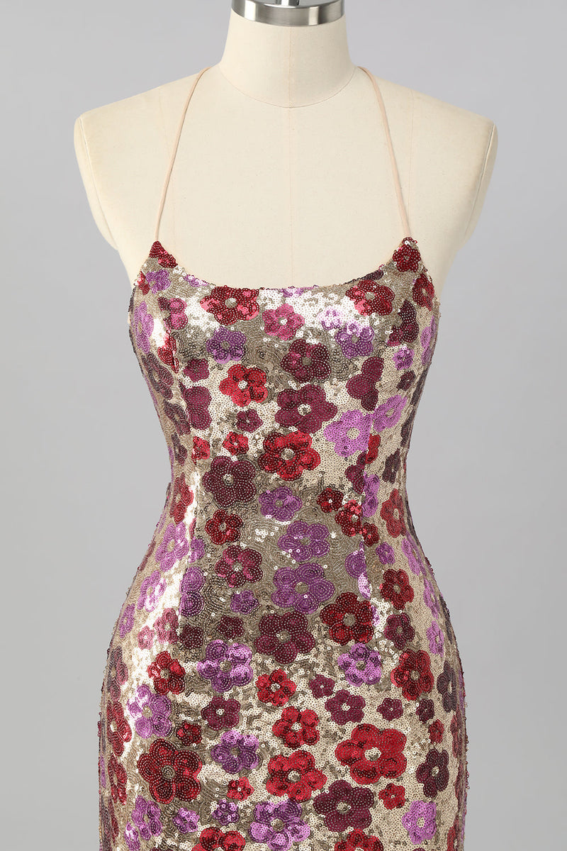 Laden Sie das Bild in den Galerie-Viewer, Glitzer Rot Blumen Pailletten Enge Rückenfreie Kurze Ball Kleid