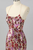 Laden Sie das Bild in den Galerie-Viewer, Glitzer Rot Blumen Pailletten Enge Rückenfreie Kurze Ball Kleid