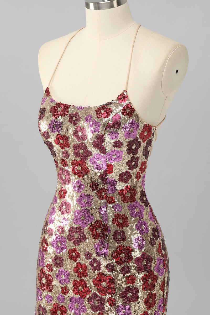 Laden Sie das Bild in den Galerie-Viewer, Glitzer Rot Blumen Pailletten Enge Rückenfreie Kurze Ball Kleid