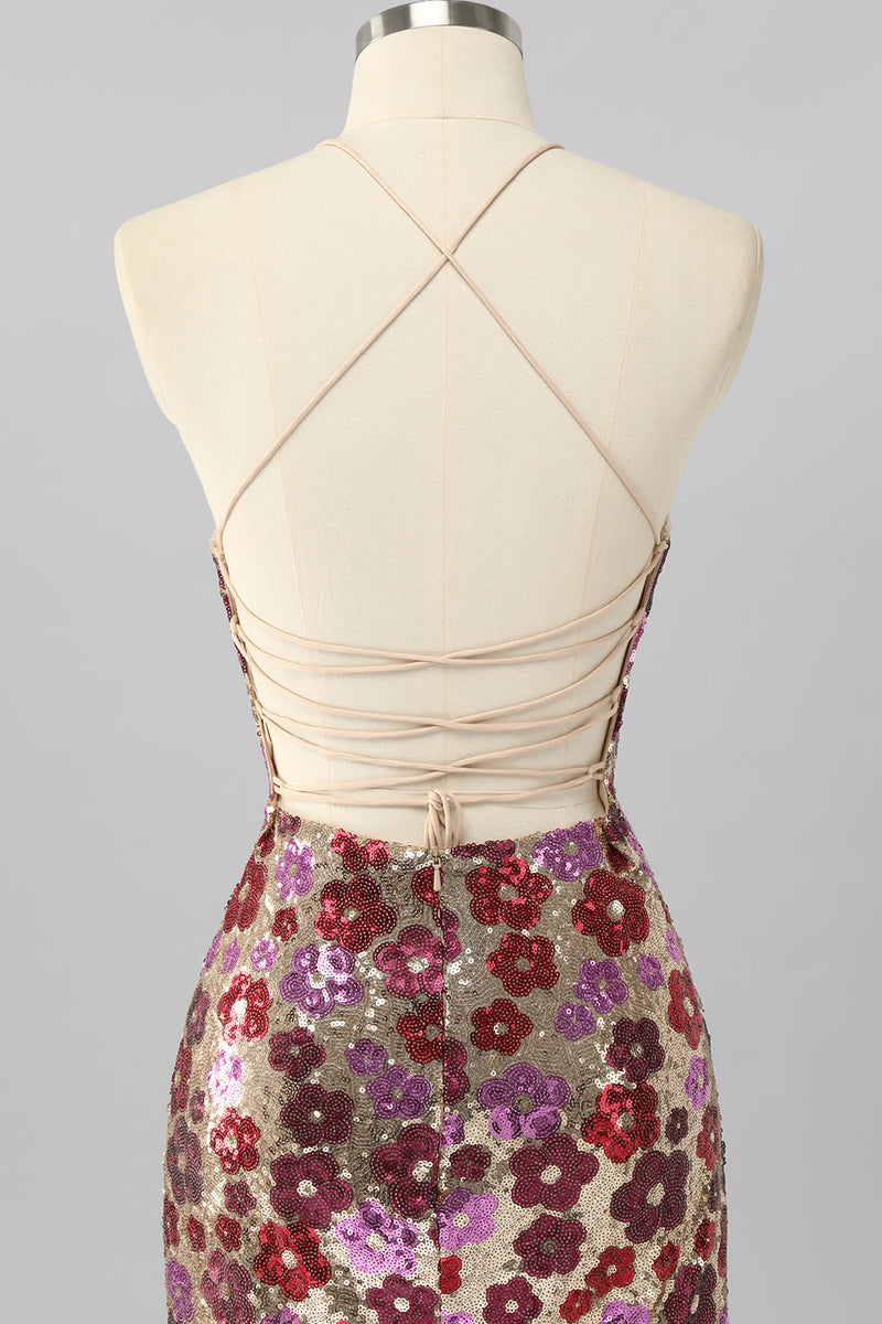 Laden Sie das Bild in den Galerie-Viewer, Glitzer Rot Blumen Pailletten Enge Rückenfreie Kurze Ball Kleid