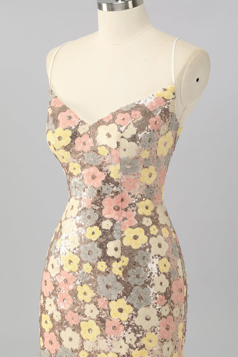 Laden Sie das Bild in den Galerie-Viewer, Glitzer Gelbe Blume Rückenfreie Enge Kurze Ball Kleid mit Pailletten