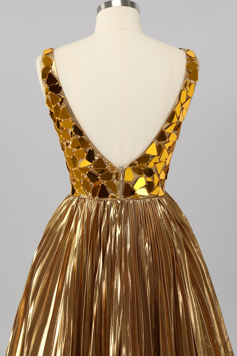 Laden Sie das Bild in den Galerie-Viewer, Glitzer Golden Mirror A Linie Kurze Ball Kleid