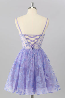 Glitzer Lilac A Linie Blumen Kurze Korsett Ball Kleid