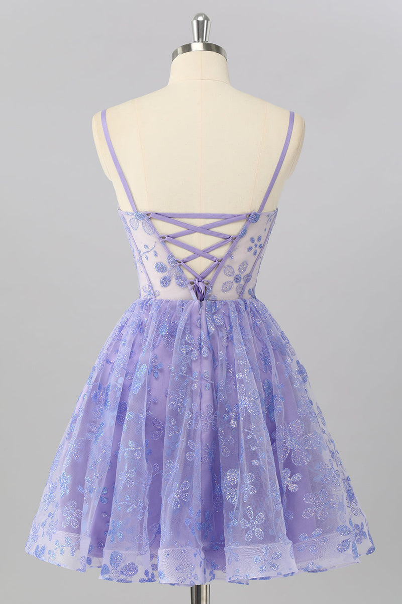 Laden Sie das Bild in den Galerie-Viewer, Glitzer Lilac A Linie Blumen Kurze Korsett Ball Kleid
