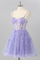 Laden Sie das Bild in den Galerie-Viewer, Glitzer Lilac A Linie Blumen Kurze Korsett Ball Kleid